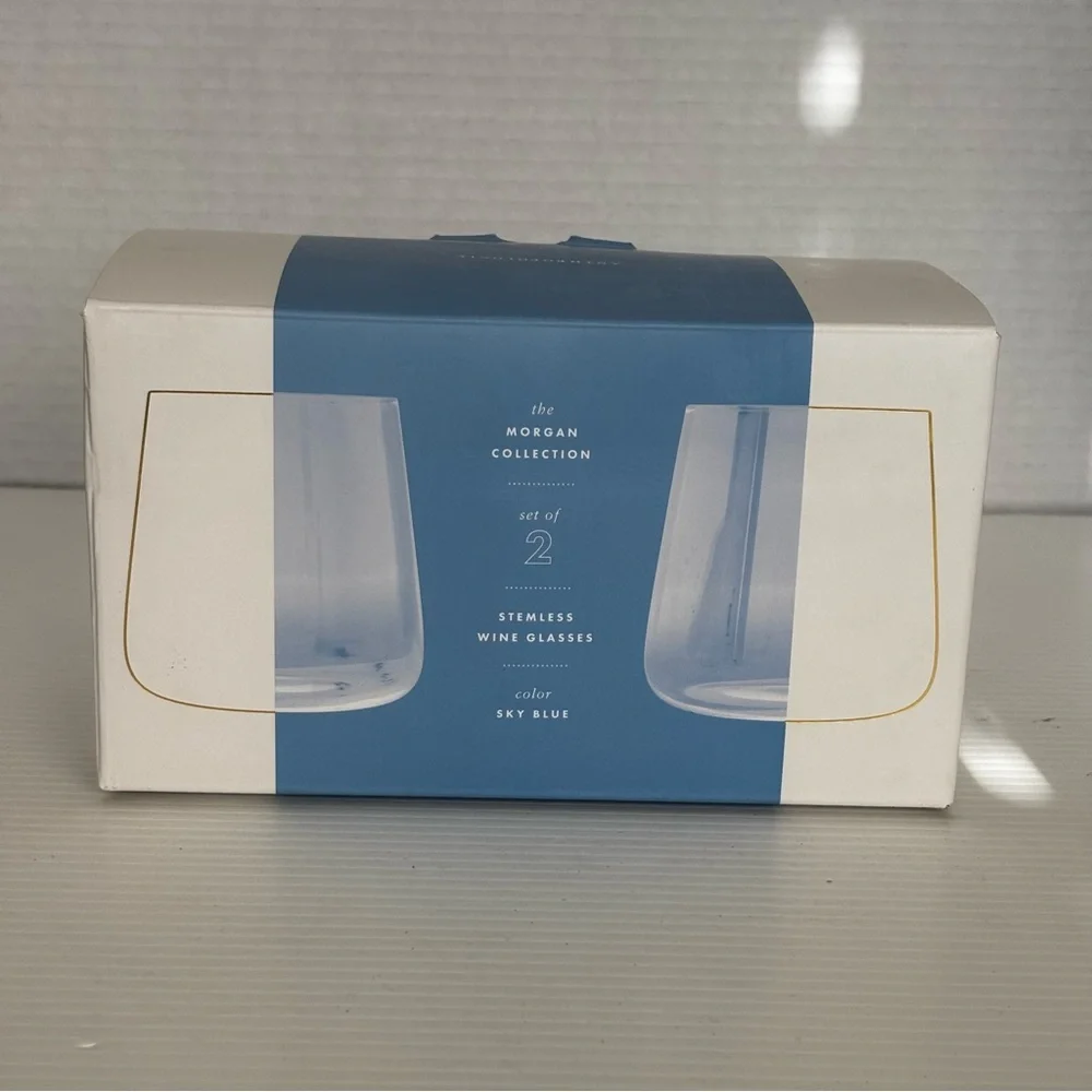 Anthropologie Morgan Stemless Wine Glasses Sky Blue Set of 2 – New in Box